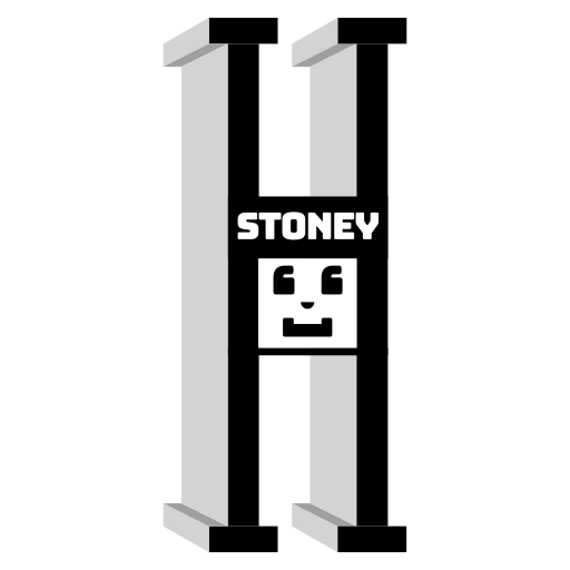 Minimalist logo featuring the text "Stoney" above a pixelated smiling face, framed by vertical bars on each side.