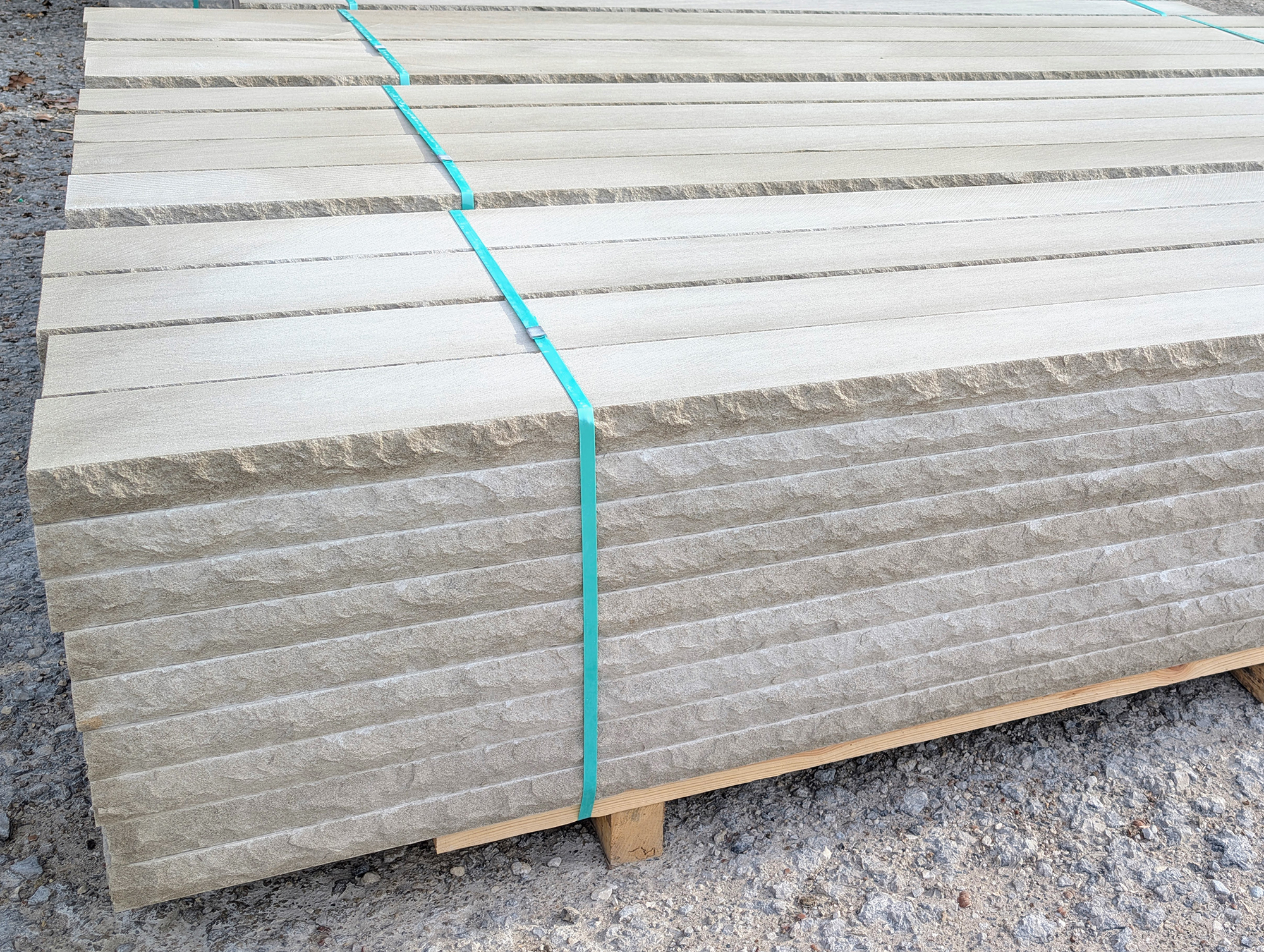 Palletized limestone window sills with a rockfaced finish at BG Hoadley Quarries in Bloomington, Indiana.